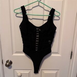 Fashion Nova Black Mesh Corset Style Hook Front Bodysuit – XS
